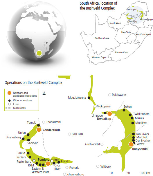 Location of operations on the Bushveld Complex, South Africa