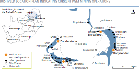Bushveld location plan indicating current PGM Mining Operations