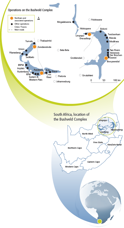Map indicating Northam operations on the Bushveld Complex, in South Africa, in the world