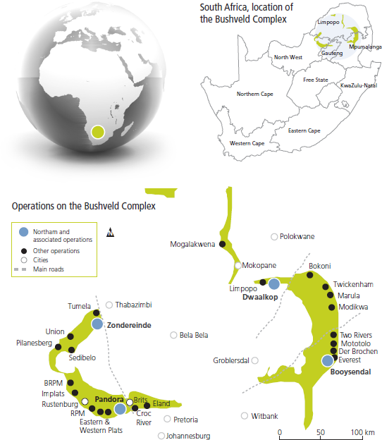 Location of operations on the Bushveld Complex, South Africa